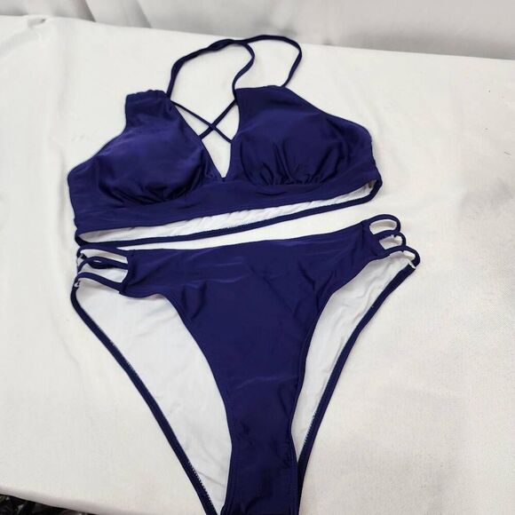 Women's L Two Piece Swimsuit Bikini Push Bra with Cutout Side Criss Cross Back - Picture 1 of 10